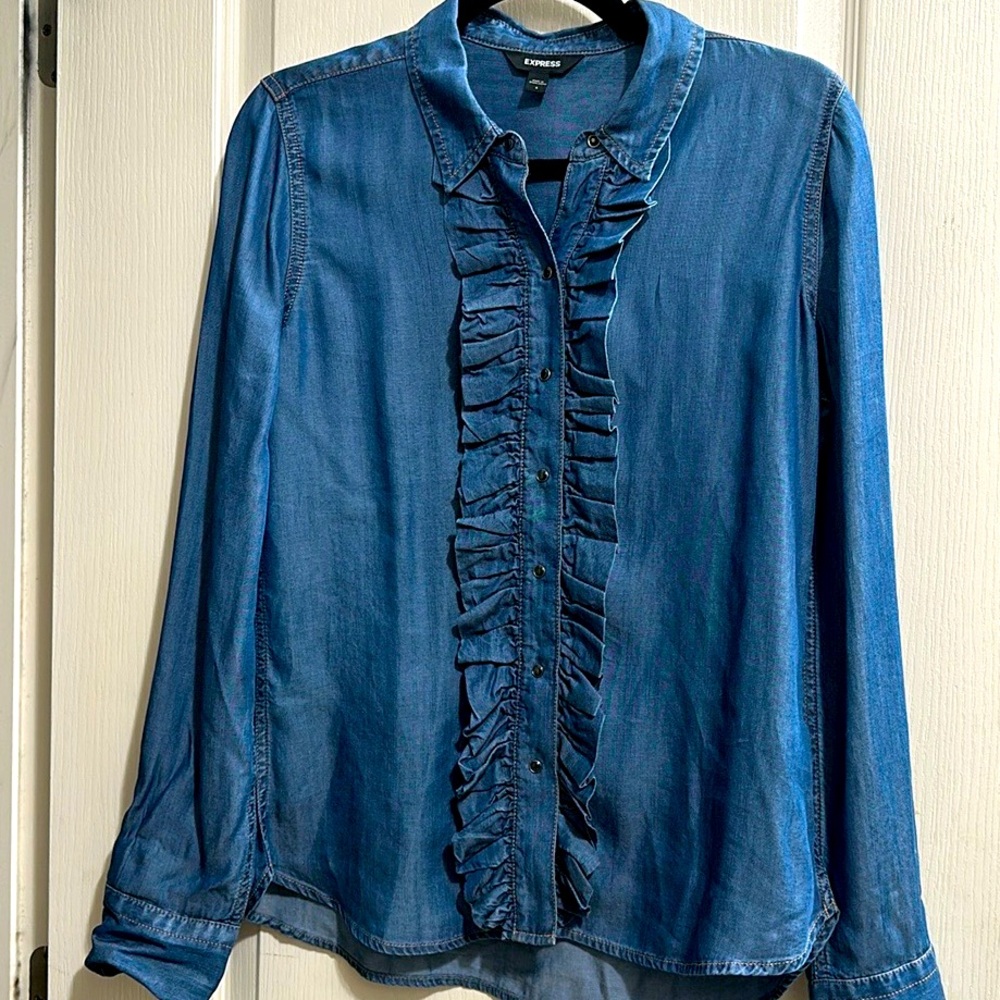 Express denim ruffle down top